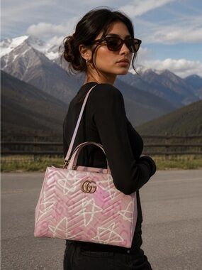Gucci Marmont Matelasse Limited Edition 2 way Pink Graffiti Satchel Bag